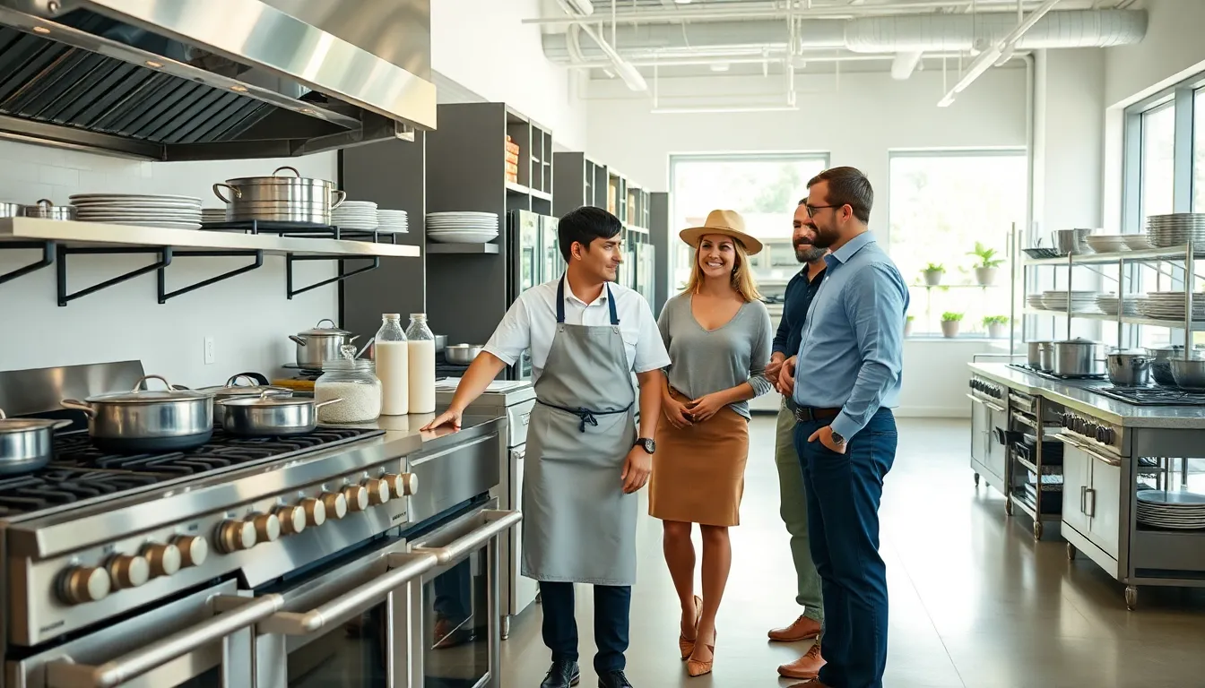 diverse team showcasing restaurant equipment in a modern showroom.