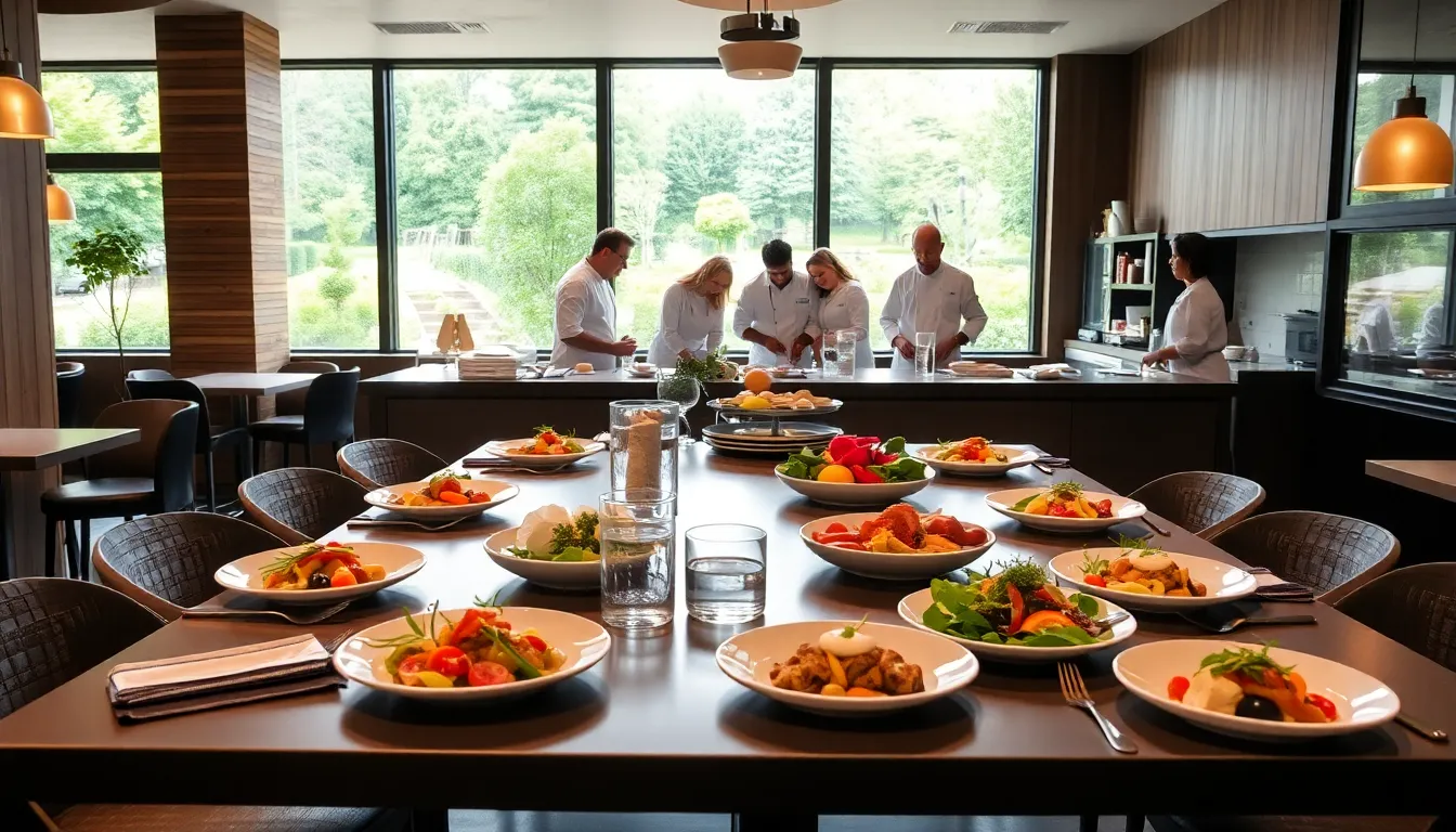 Interior of Eden Hill Restaurant with chefs preparing seasonal dishes.