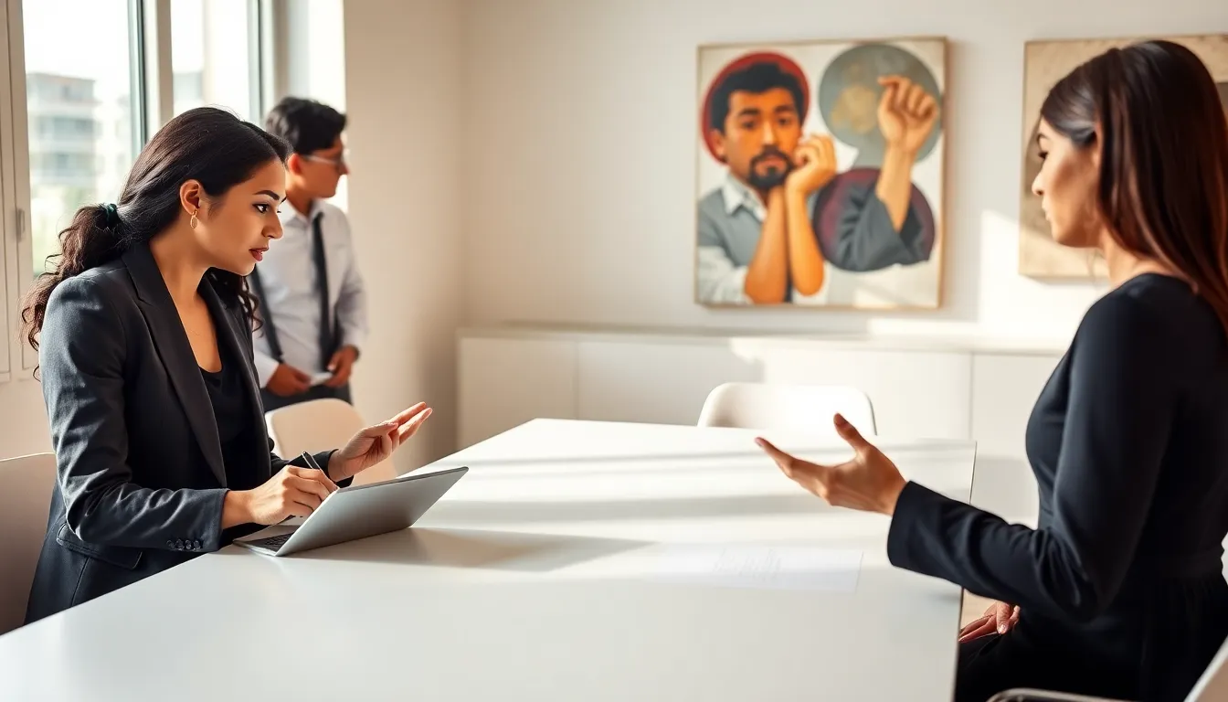 diverse team discussing relationship principles in a modern office.