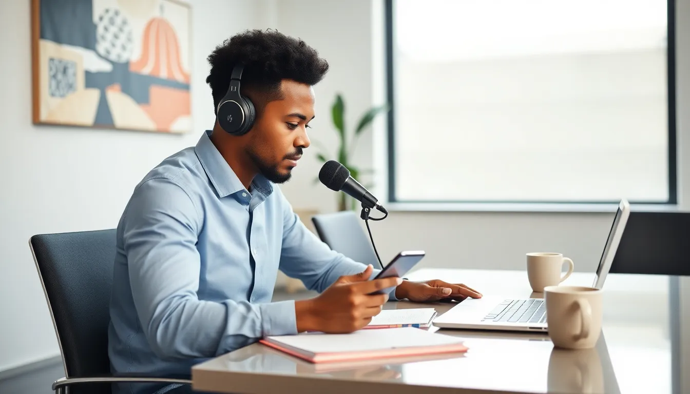 person listening to a real estate investing podcast at a modern workspace.