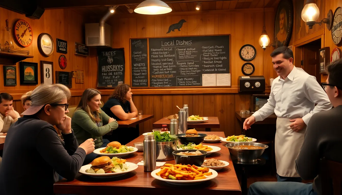 patrons enjoying hearty meals in a cozy husky restaurant.