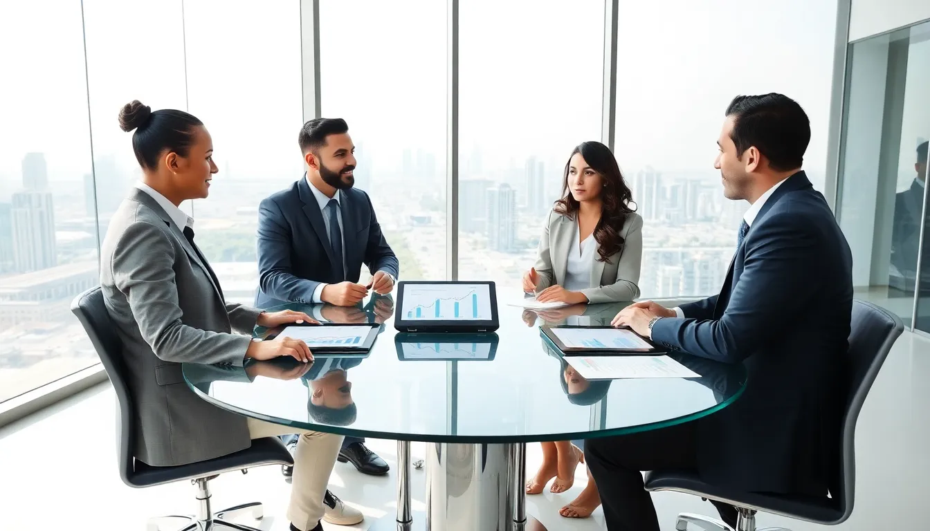 diverse professionals discussing Dubai real estate investments in a modern office.