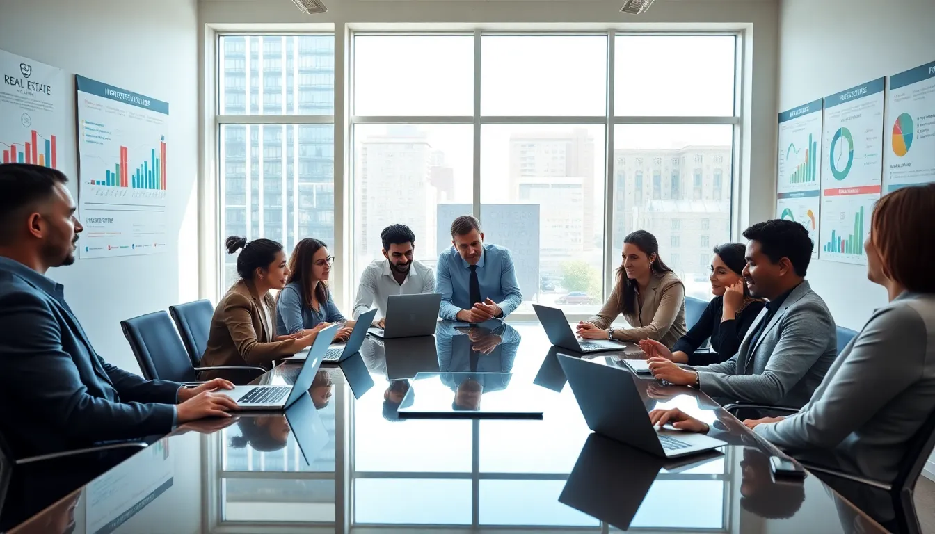 diverse group discussing real estate investing in a modern office.