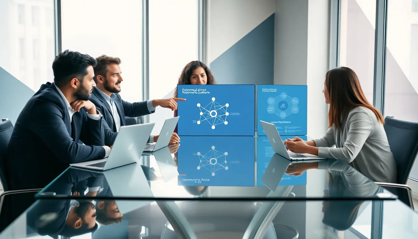 diverse team discussing relationship advice AI in a modern office.