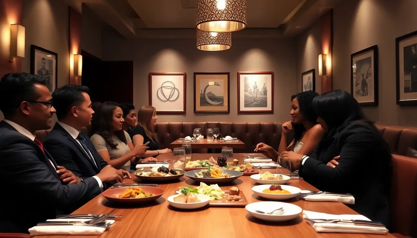 diverse diners enjoying a meal in a cozy restaurant setting.