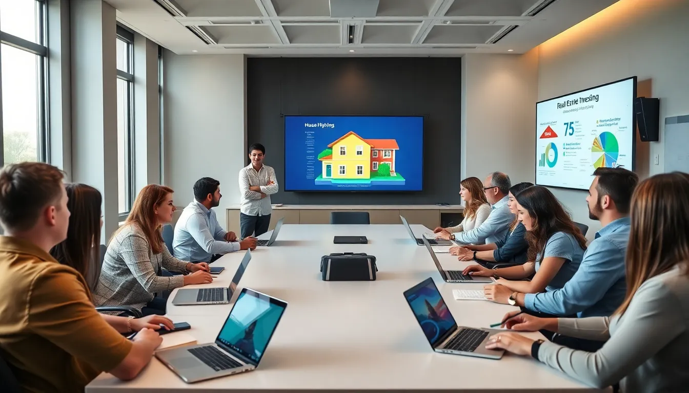 diverse adults attending a real estate investing class in a modern classroom.