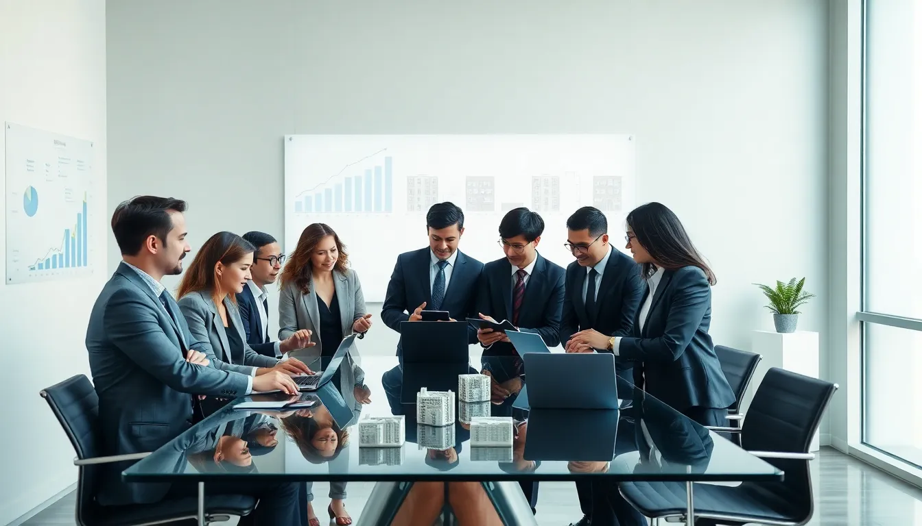 diverse team discussing multifamily real estate investment strategies in a modern office.