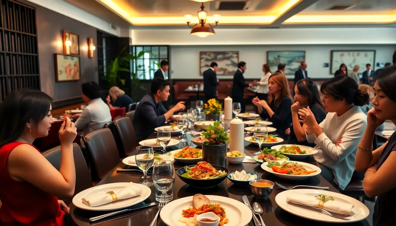 interior of Nam Giao Restaurant featuring Vietnamese dishes and diverse diners.