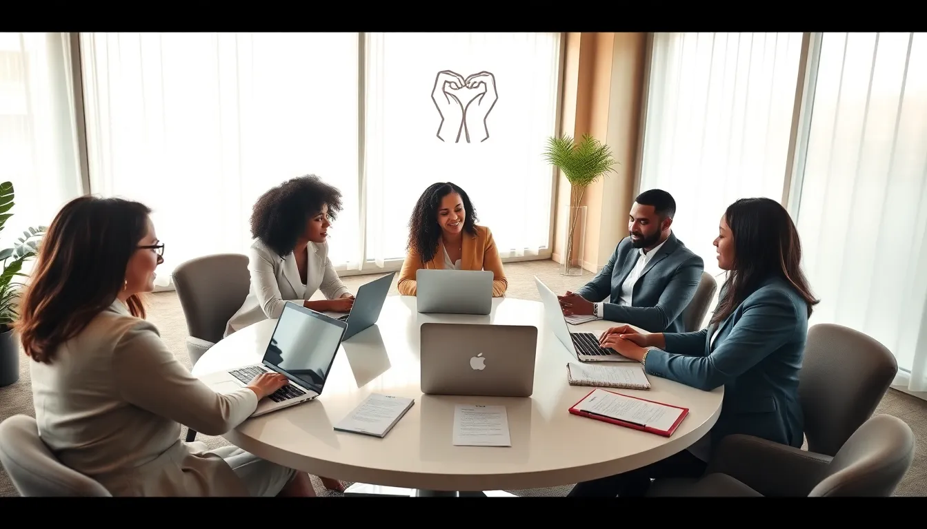 diverse team discussing relationship dynamics in a modern office.